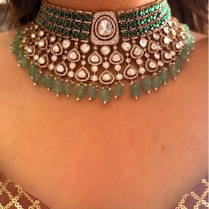 Royal Sabysachi Gold Jewelry Inspired Heavy Uncut Moissanite Polki Kundan Zirconia Diamond Emerald Green Beads Bridal Choker Earrings Set