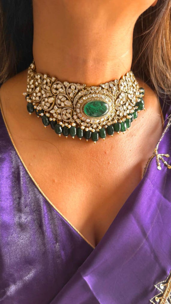 Emerald Green Kundan Choker Necklace Set: Indian Wedding Jewelry