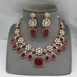 Premium Quality Red Ruby Uncut Polki Diamond Kundan Necklace/ Sabyasachi Inspired Jewelry/ Indian Jewelry/ Bollywood Jewelry/ Statement Set