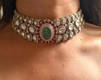 Emerald Ruby Gold Sabyasachi Victorian Choker Indian Jewelry Sabyasachi Necklace Indian Choker Indian Necklace Bollywood Jewelry Doublet Set