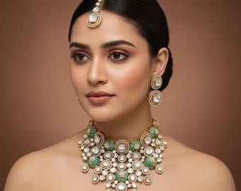 Premium Sabyasachi-sieraden geïnspireerd op smaragdgroen ongesneden moissanite polki kundan choker ketting statement oorbellen tikka Indiase Pakistaanse