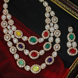 Three Layered LongHaar/ Bollywood Style Indian Polki Kundan Long Necklace Multicolor Jewelry Set/Navratan Necklace,Earrings/Jadau jewelry
