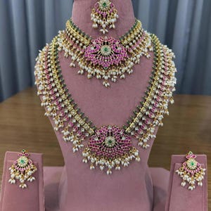 Jadau Kundan Bridal Jewelry Set: 22K Gold Plated South Indian Bridal Necklace