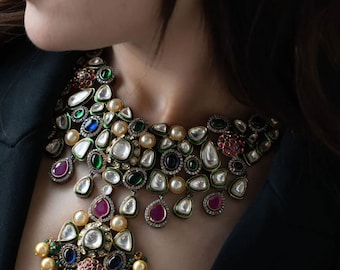 Sabyasachi Inspired Premium Fusion Uncut Polki Kundan Semi Precious beads Ruby Emerald Sapphire Pearl Statement Necklace & Earrings