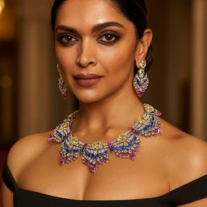May include: A woman wearing a black off-the-shoulder dress, adorned with a vibrant necklace and matching earrings. The jewelry features yellow, blue, and pink gemstones, creating a striking contrast against the dark attire.