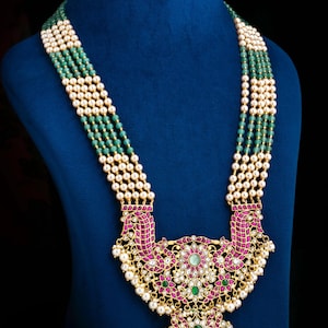 Premium Jadau Kundan Golden long haram / Multi Kundan Pendant Kundan Jadau Grand Haram/ Kundan Jadau/ Gold Replic Necklace/ South Indian Set