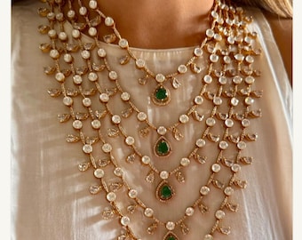 Sabyasachi Inspired Premium Three Layered Five Layered Uncut Moissanite Polki Kundan Golden Doublet Diamond Long Necklace Rani Haar Earrings