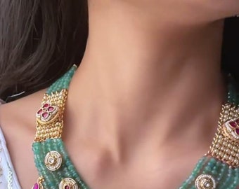 Premium Dunkelgrüne Jatar Moti Pachi Kundan Halskette, Sabyasachi inspiriertes Set, Statement Pachi Kundan Halskette, Antike südindische Halskette