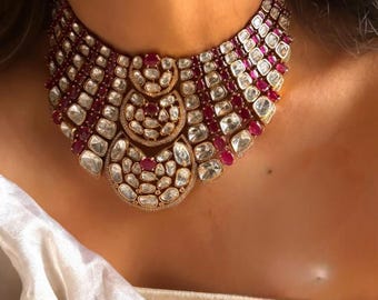 Sabyasachi Fine Moissanite Polki Kundan Heritage Rani Pink Choker Necklace Jewelry Moissanite Polki Diamond Doublet  Bridal Indian Jewelry