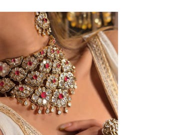 Sabyasachi Inspired Ruby Moissanite Polki Kundan Necklace Set, Gold Plated Bridal Jewelry