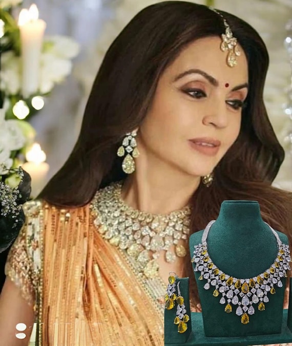 Yellow Sapphire CZ Necklace Set: Indian Zircon Jewelry With