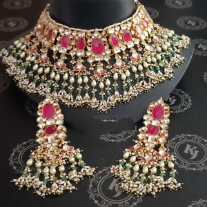 Sabyasachi Inspired Real pachi Kundan Set,Kundan Necklace,Pink Green jewelry,Indian jewelry,Sabyasachi Wedding necklace,Heavy Choker,Kundan