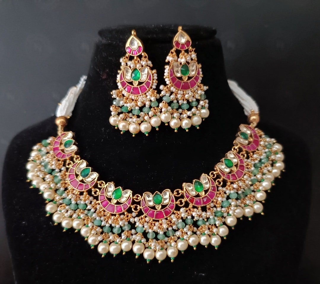 White Gold Earrings With Pachi Kundan
