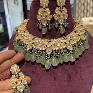 Uncut Polki Kundan Necklace Set Mangtikka Earrings, Pastel Green Wedding Jewelry, Kundan Choker, Indian Pakistani Choker Wedding jewelry set