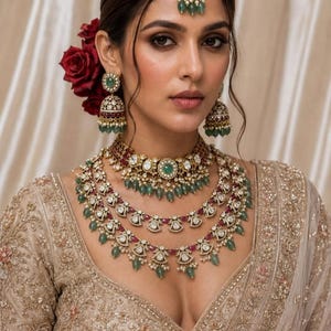 Halsbandsset med Polki-diamanter: Smaragd, Rubin, Kundan-choker (inspirerad av Sabyasachi)