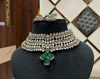 Sabyasachi Insppired Fine Gold Finish Emerald Green Doublet Stones Uncut Moissanite Polki Kundan Wedding Jewelry Necklace Set with Earrings