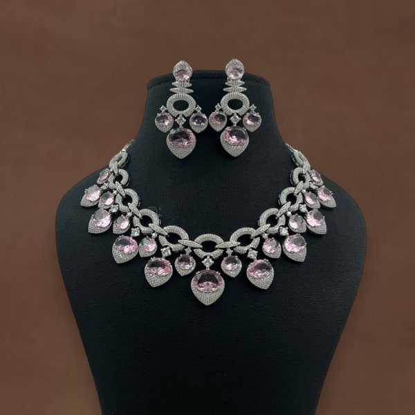 Collier haute qualité lavande violet blanc/argent faux diamants/bijoux de mariée indienne/ensemble de diamants Cz/boucles d'oreilles collier, diamant américain/