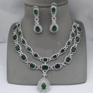 White tone Silver Emerald Green Faux Diamond Necklace set,Indian Bridal jewellery,American diamond,CZ Zircon,AD , Dark Green,Diamond replica