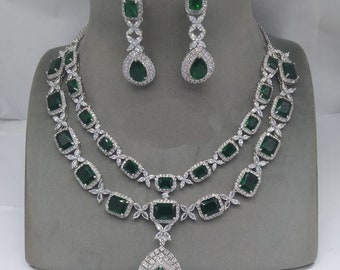 White tone Silver Emerald Green Faux Diamond Necklace set,Indian Bridal jewellery,American diamond,CZ Zircon,AD , Dark Green,Diamond replica