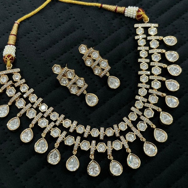 Polki necklace Moissanite Kundan With Stud Earrings/Bride jewelry/ south Indian jewelry/Pakistani jewelry/Kundan Choker/Layered Kundan set