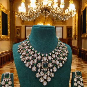 Fine Gold Finish Emerald Green Uncut Moissanite Polki Kundan Wedding Jewelry Necklace Set with Earrings Sabyasachi Jewelry/Indian Bridal Set