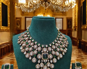 Fine Gold Finish Emerald Green Uncut Moissanite Polki Kundan Wedding Jewelry Necklace Set with Earrings Sabyasachi Jewelry/Indian Bridal Set