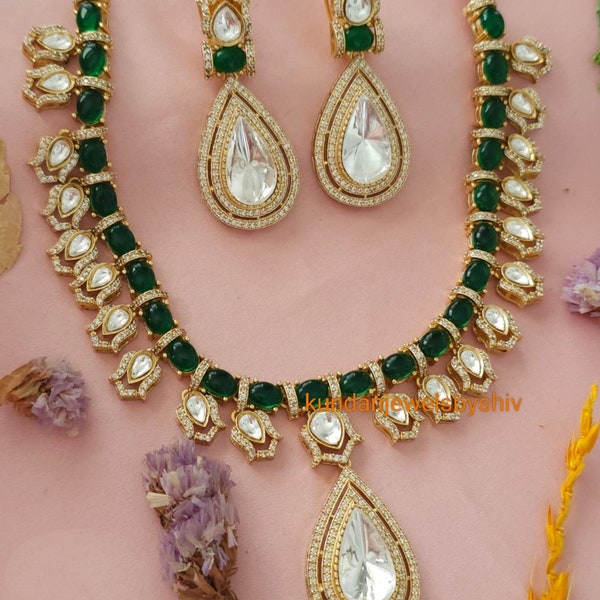 Premium Quality Sabyasachi Inspired Emerald Pendant Green Polki Kundan Ad Cz Bridal Necklace With Earrings /Wedding Set/ Punjabi Jewelry