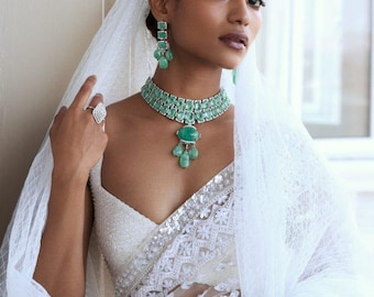Sabyasachi Inspired Bridal Asia Inspired Premium Light Emerald Green Doublet Stone Zirconium Cocktail Necklace With Long Earrings Punjabi
