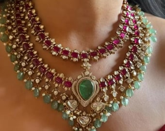 Finaste Polki Diamanthalsband Grön Rubin Kundan Halsband Sabyasachi Smycken Indisk Doublet Choker Moissanit Polki Heritage Smyckeset