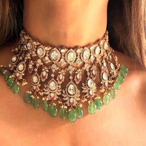 Royal Sabysachi Gold Jewelry Inspired Heavy Uncut Moissanite Polki Kundan Zirconia Diamond Light Emerald Green Beads Bridal Choker Set