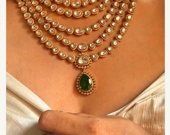 Sabyasachi Inspired Multi Layered Real Polki Kundan Heritage Emerald Green Kundan Bridal Jewelry Necklace/ Multicolor Collar Set/ Fusion Set