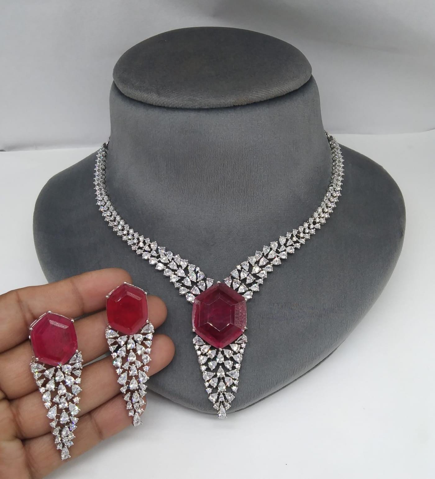 White Tone Emerald Green Doublet Cubic Zirconia Necklace Set/Ruby Pink Crystal Necklace/Statement Jewelry/ Sabyasachi Jewelry/ Diamond Set