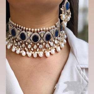 Sabyasachi Blue Kundan Necklace Victorian Polki Diamond Necklace Indian Bridal Choker Blue Stone Indian Polki Necklace Pakistani Choker Set