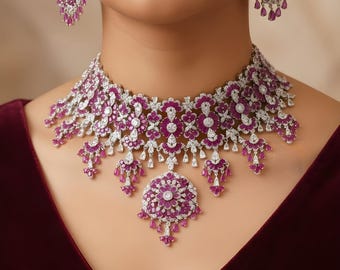 Collar de diamantes y rubíes de primera calidad, joyería de piedra rosa de la India, conjunto de gargantilla de diamantes americanos, collar de rubíes rosas de diseño, gargantilla cúbica llamativa