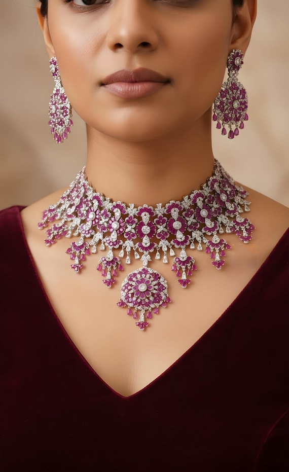 Premium Ruby Diamond Necklace India Pink Stone Jewelry American Diamond Choker Set Designer Pink Ruby Necklace Cz Cubic Statement Choker