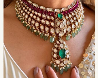 22K guldpläterat kungligt oklippt Polki Kundan halsband Sabyasachi smycken grön smaragd dubblett PREMIUM indiska brudsmycken Moissanit choker