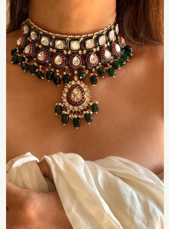 Emerald Ruby Meenakari Indian Bridal Necklace: Kundan Polki Jewelry