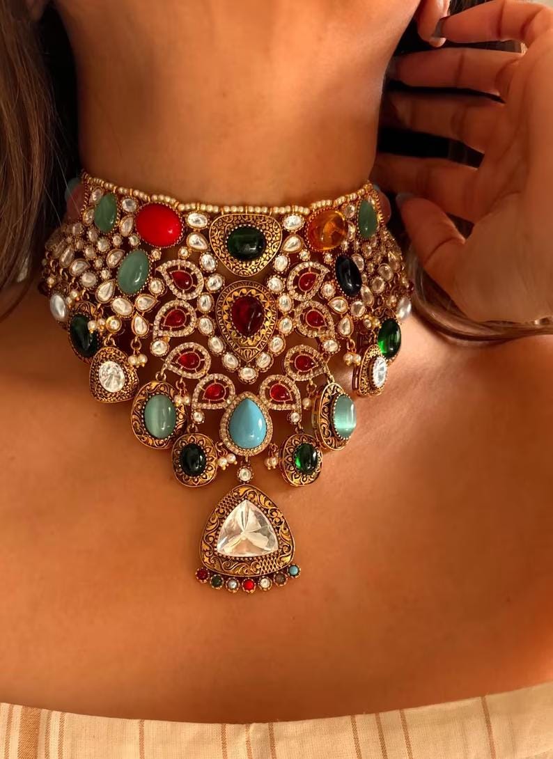 Amrapali Inspired Premium quality Navratan Polki Kundan Bridal Set/Sabyasachi Jewelry Set/Indian Wedding Set/Multicolor Pakistani Jewelry
