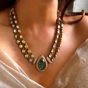 Gold Finish Emerald Necklace: Moissanite Polki Kundan Jewelry Set
