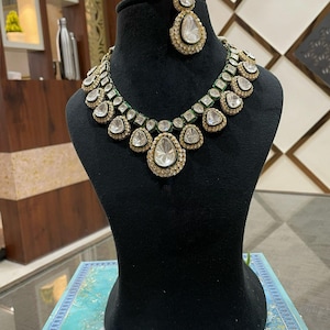 Premium Uncut Moissanite polki Necklace Indian Bridal Jewelry Bollywood Sabyasachi Inspired Designer necklace Earrings Set Pakistani Wedding