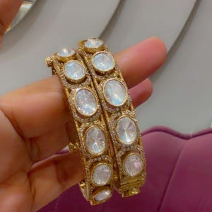 Real Kundan Jadau Moissanite Polki Kada Bangle: Gold Finish, Floral Motifs, Pearl Detail (2.4-2.6 Wrist)