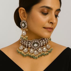 Premium Victorian Antique Gold Emerald Green Moissanite Polki Kundan Pearl Zirconia Diamond Sabyasachi Indian Pakistani Choker Necklace Set