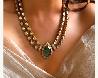 Gold Finish Emerald Green polki Doublet Stones Uncut Moissanite Polki Kundan Wedding Jewelry Necklace Set with Earings statment Jewelry
