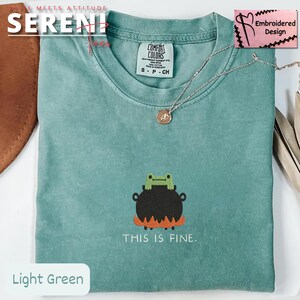 May include: Light green t-shirt with a crew neck and short sleeves. The shirt features an embroidered design of a frog on a cauldron with the text "THIS IS FINE." A silver necklace with a pendant is draped on the shirt.