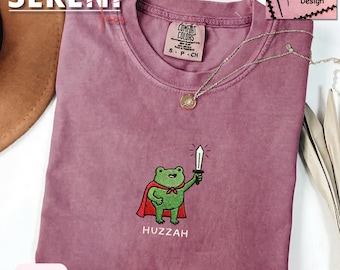 Embroidered Huzzah Frog with Sword Tee, Medieval Frog Shirt, Comfort Colors Shirt, Funny DnD Tee, Renaissance Faire Frog Gift, 1717