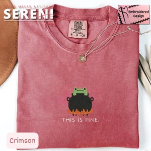 May include: Crimson-colored t-shirt with an embroidered design featuring a frog on a cauldron with the text "THIS IS FINE." The shirt has a crew neck and short sleeves. A silver necklace with a pendant is also visible.