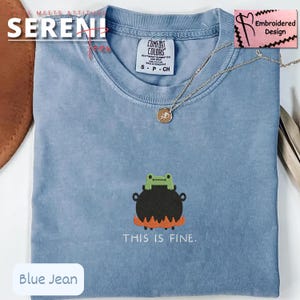 May include: Blue jean colored t-shirt with a frog in a cauldron graphic and the text "THIS IS FINE." The shirt has a crew neck and short sleeves. A gold necklace with a pendant is draped across the shirt. The shirt is labeled "Embroidered Design."