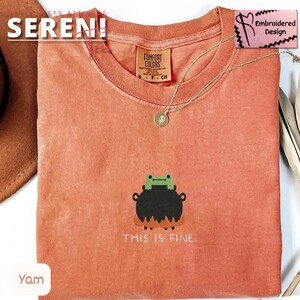 May include: A coral-colored t-shirt with a round neckline. The shirt features an embroidered design of a frog on a cauldron with the text "THIS IS FINE." A gold necklace with a pendant is draped on the shirt.