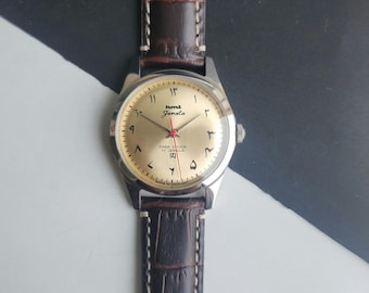 Vintage HMT Janata Urdu Hand Winding Golden Face 17 Jewels 35MM Glass Back Brown Croco Leather Strap Men&#39;s Wrist Watch B63