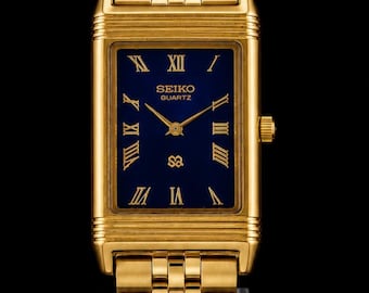 Vintage Seiko Tank Reverso Style Quartz Blue Face 28MM Gold Case Men's Watch
